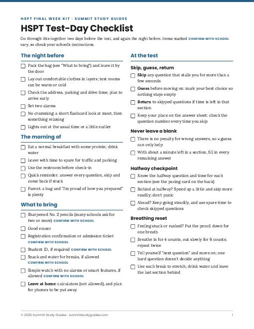 The HSPT test-day checklist